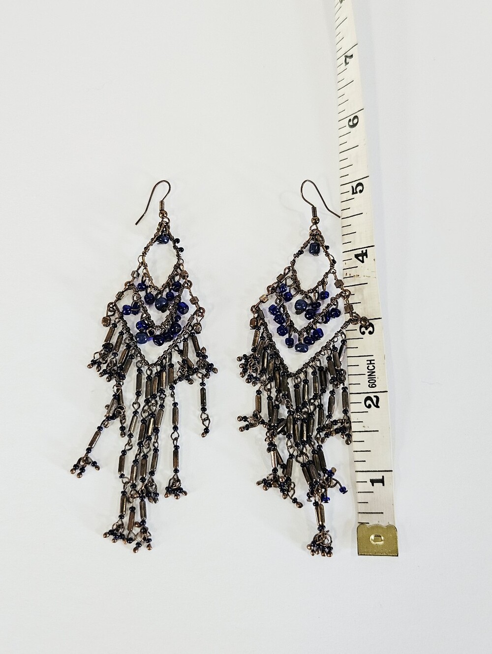 Vintage Free People Y2K Beaded Boho Bronze Dangle Fringe Chandelier Earrings - Picture 8 of 8